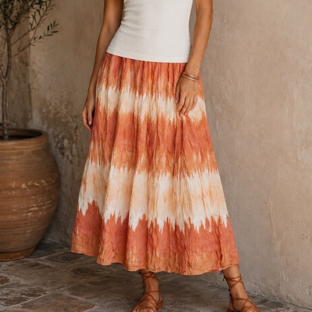 Chicos Tie Dye Pure Cotton Midi Skirt Orange Terracotta Boho Crinkle Large 12
